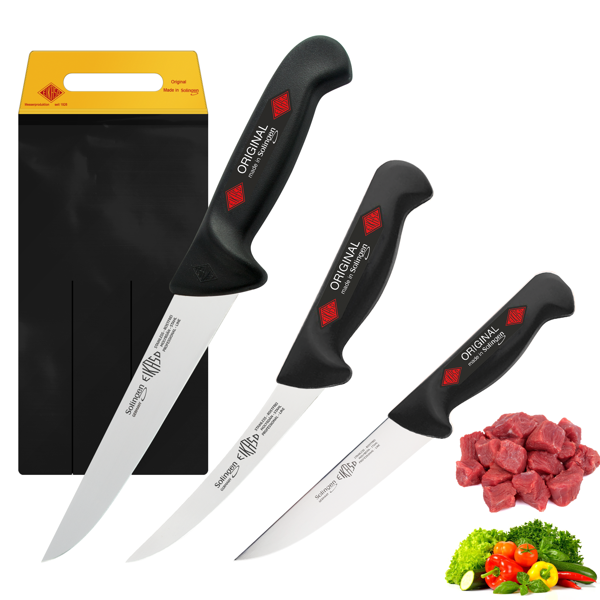 Eikaso 3er Messer-Set: Stechmesser 18cm, Ausbeinmesser 16cm, Stechmesser 13cm Solingen