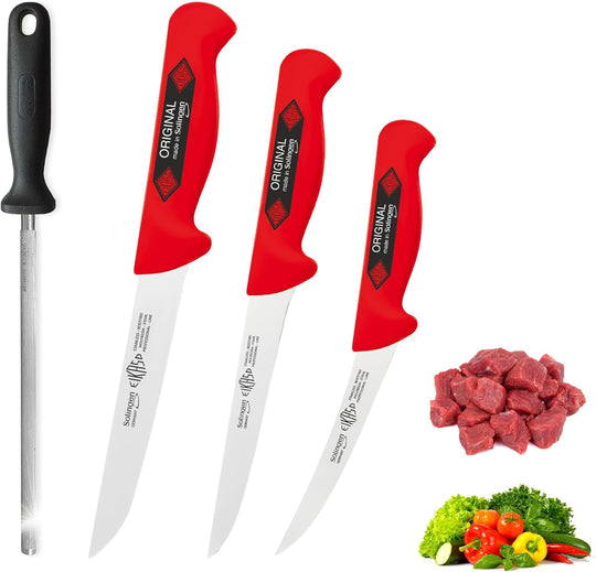 Eikaso 4er Messer-Set: Ausbeinmesser Breit 18cm, Ausbeinmesser 16cm, Ausbeinmesser gebogen 13cm und Wetzstahl mit schwarzen griff Solingen