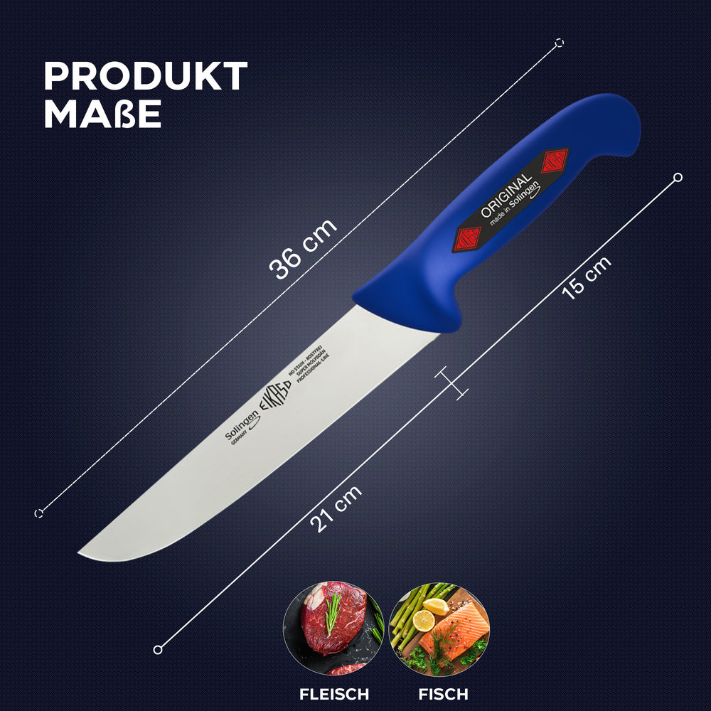 EIKASO Solingen Germany Fleischmesser Blockmesser blau 21cm Klinge Molybdänstahl 1.4116 aus Solingen Profi Allzweckmesser von Profis für Privat und Profis | Fleisch Gemüse Obst Kräuter