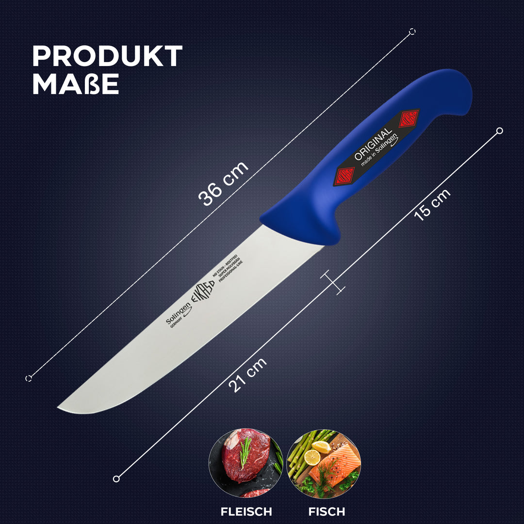 EIKASO Solingen Germany Fleischmesser Blockmesser blau 21cm Klinge Molybdänstahl 1.4116 aus Solingen Profi Allzweckmesser von Profis für Privat und Profis | Fleisch Gemüse Obst Kräuter