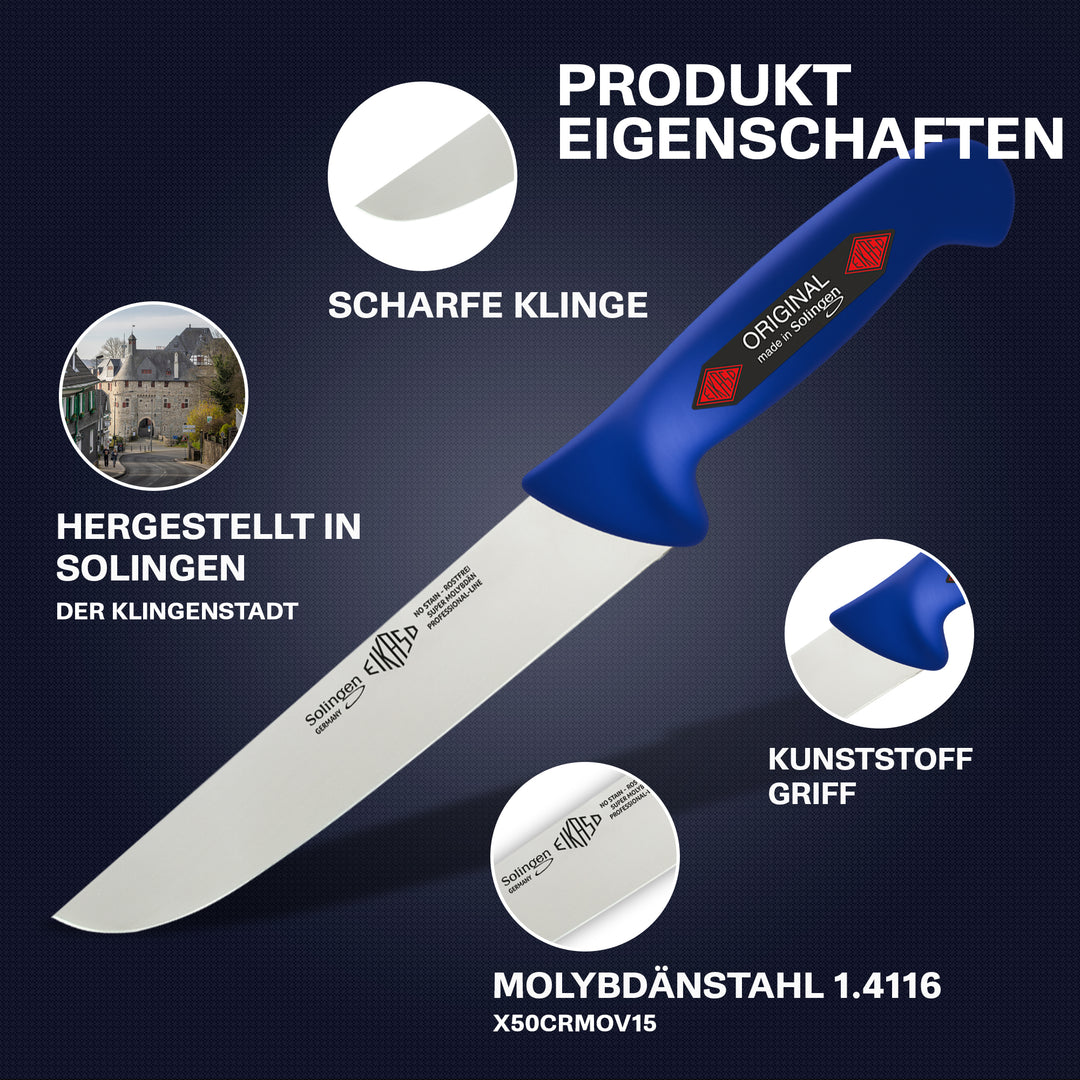 EIKASO Solingen Germany Fleischmesser Blockmesser blau 21cm Klinge Molybdänstahl 1.4116 aus Solingen Profi Allzweckmesser von Profis für Privat und Profis | Fleisch Gemüse Obst Kräuter