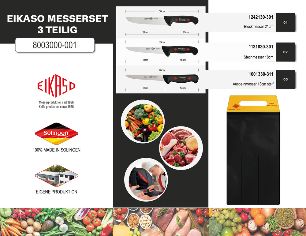 EIKASO Solingen Germany Metzgermesser Set Schlachtermesser-Set 3-Teilig Profi Messerset aus Molybdänstahl 1.4116 eisgehärtet mit rutschfestem Griff für Profis und Privat