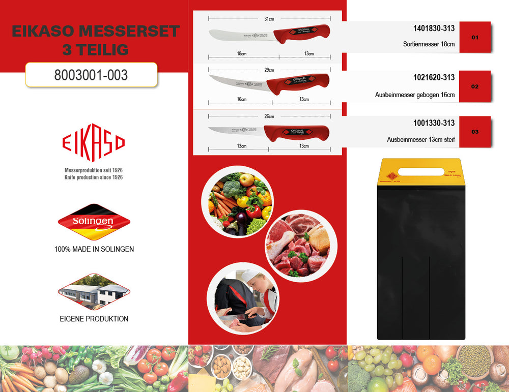 EIKASO Solingen 3 Teilig Schlachtermesser Hausschlachtermesser Metzgermesser Ausbeinmesser Butcher Knife Set aus Molybdänstahl 1.4116 für Profis und Privat