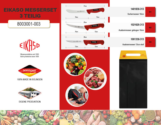 EIKASO Solingen 3 Teilig Schlachtermesser Hausschlachtermesser Metzgermesser Ausbeinmesser Butcher Knife Set aus Molybdänstahl 1.4116 für Profis und Privat