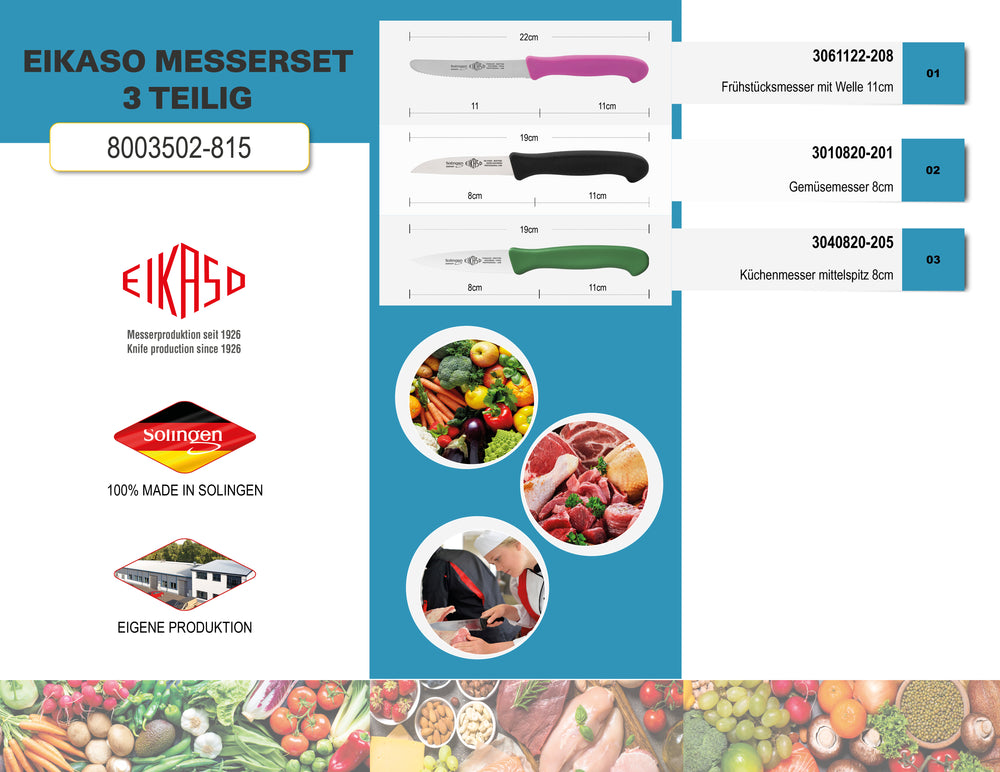 EIKASO Solingen Germany Küchenmesser Set 3-teilig – Obst- & Gemüsemesser rostfrei aus Molybdänstahl 1.4116 mit ergonomischen Griffen, bunte Frühstücksmesser
