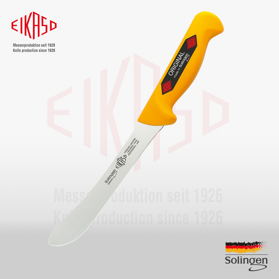Solinger Sortiermesser 21cm von Eikaso vertikal abgebildet. Das Profi-Fleischermesser aus Molybdänstahl auf hellem Hintergrund.