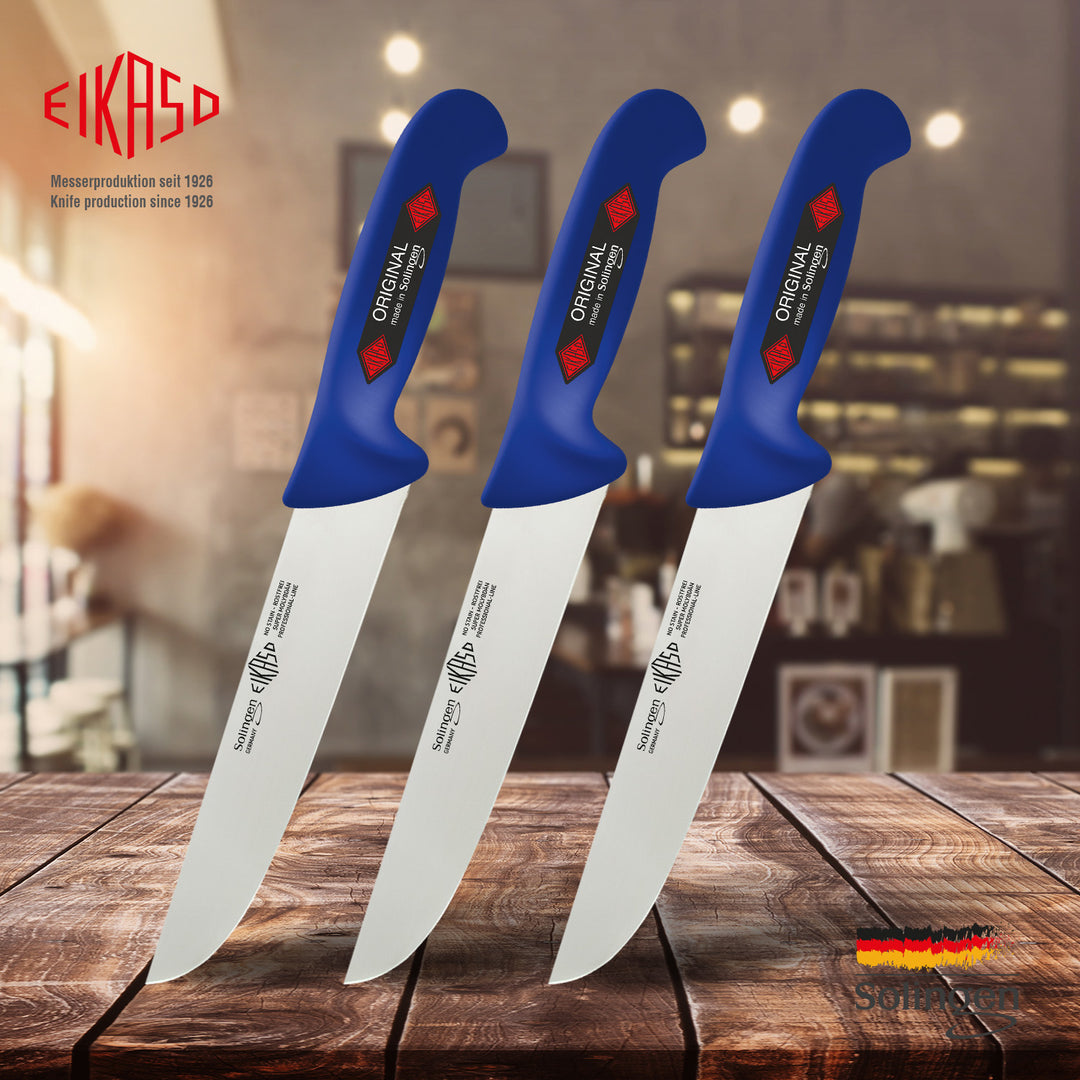 EIKASO Solingen Germany Fleischmesser Blockmesser blau 21cm Klinge Molybdänstahl 1.4116 aus Solingen Profi Allzweckmesser von Profis für Privat und Profis | Fleisch Gemüse Obst Kräuter