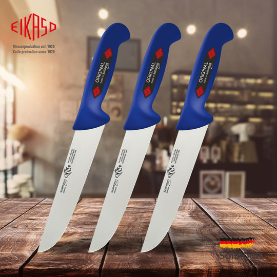 EIKASO Solingen Germany Fleischmesser Blockmesser blau 21cm Klinge Molybdänstahl 1.4116 aus Solingen Profi Allzweckmesser von Profis für Privat und Profis | Fleisch Gemüse Obst Kräuter
