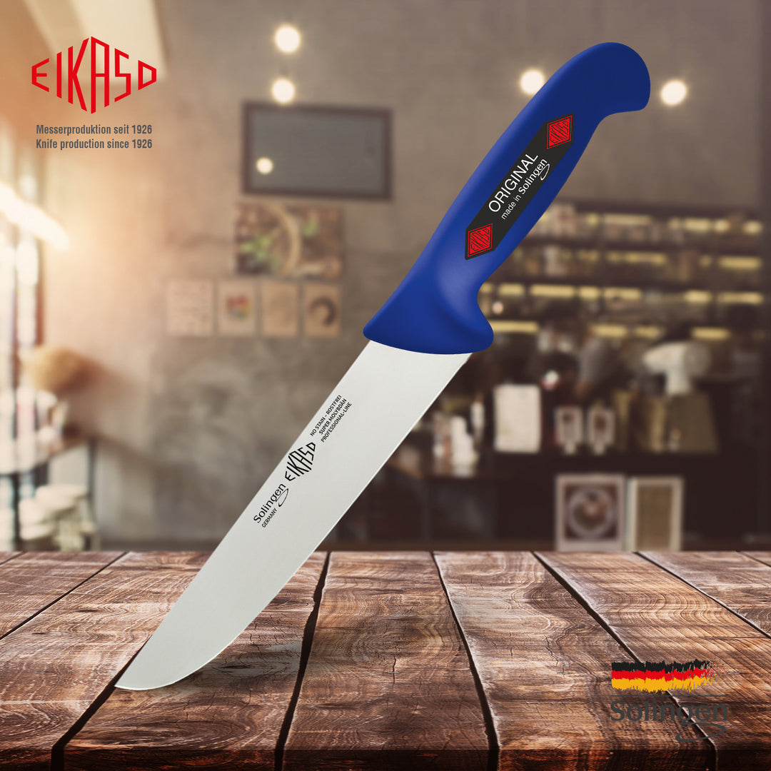 EIKASO Solingen Germany Fleischmesser Blockmesser blau 21cm Klinge Molybdänstahl 1.4116 aus Solingen Profi Allzweckmesser von Profis für Privat und Profis | Fleisch Gemüse Obst Kräuter