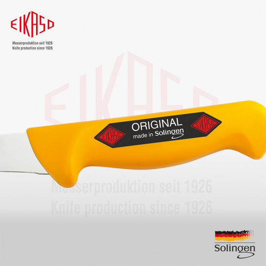 Ergonomischer Messergriff des Eikaso Sortiermessers 21cm. Der rutschfeste Griff sorgt für maximale Sicherheit beim Solinger Fleischermesser.