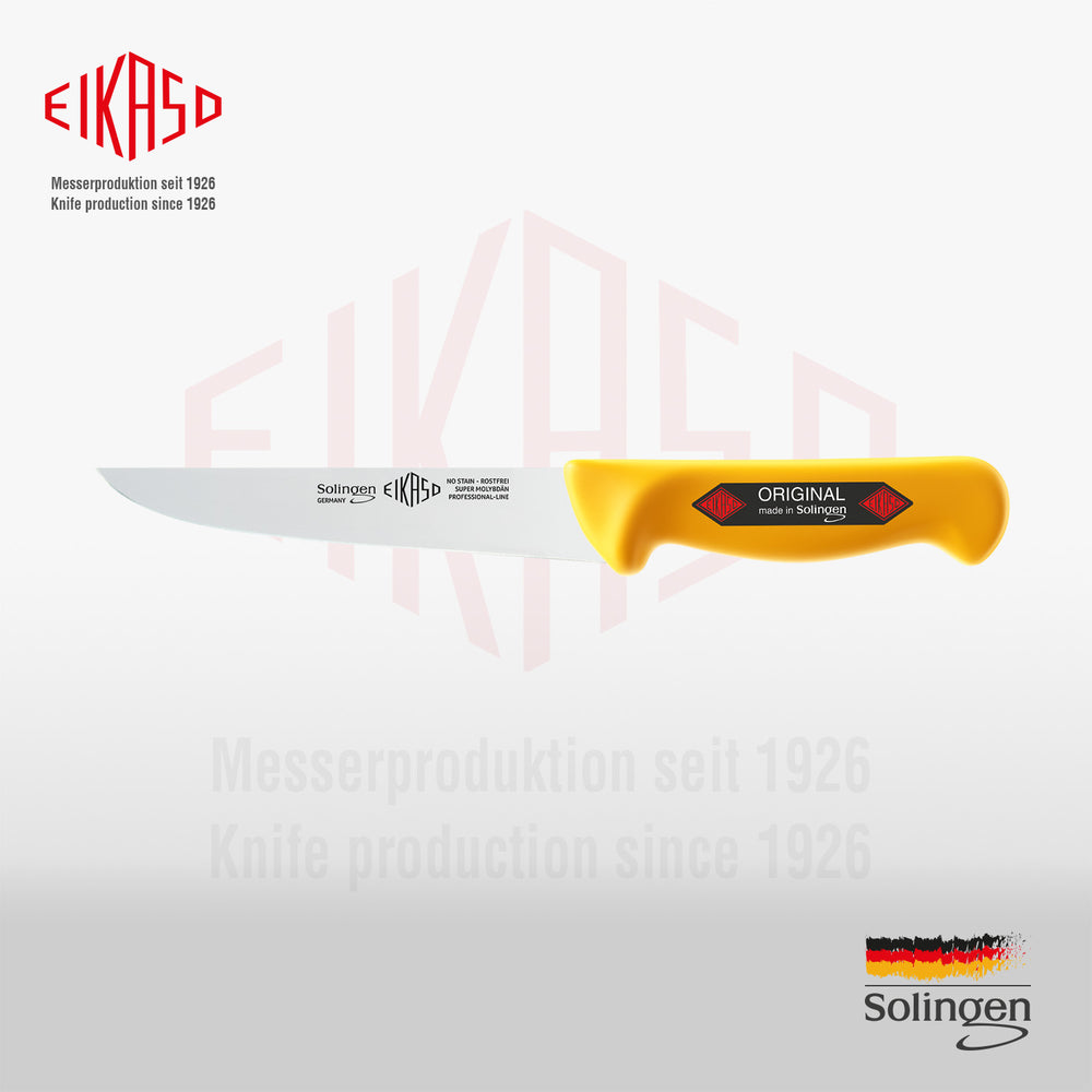 Solinger Metzgermesser Gesamtansicht: Das Eikaso Stechmesser 21cm aus Molybdänstahl 1.4116 komplett auf hellem Studio-Grund.
