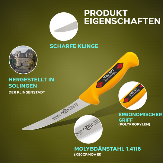 EIKASO Solingen Ausbeinmesser gebogen 16cm scharfe Klinge aus Molybdänstahl 1.4116 Profi Ausbeiner Fleischmesser für Profi und Privat