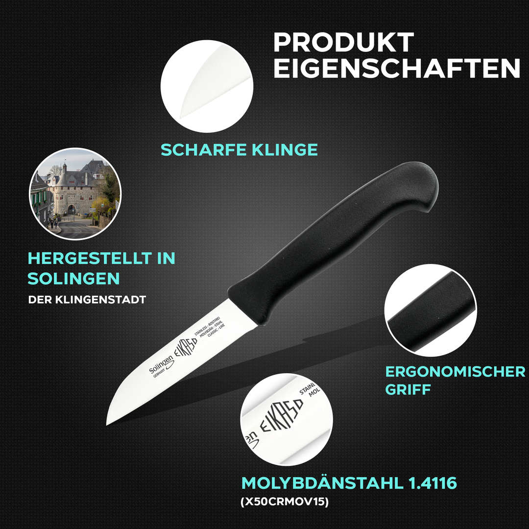 EIKASO Solingen Germany Küchenmesser Set 3-teilig – Obst- & Gemüsemesser rostfrei aus Molybdänstahl 1.4116 mit ergonomischen Griffen, bunte Frühstücksmesser