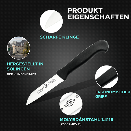 EIKASO Solingen Germany Küchenmesser Set 3-teilig – Obst- & Gemüsemesser rostfrei aus Molybdänstahl 1.4116 mit ergonomischen Griffen, bunte Frühstücksmesser