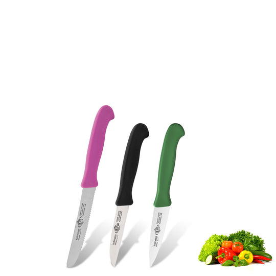 EIKASO Solingen Germany Küchenmesser Set 3-teilig – Obst- & Gemüsemesser rostfrei aus Molybdänstahl 1.4116 mit ergonomischen Griffen, bunte Frühstücksmesser