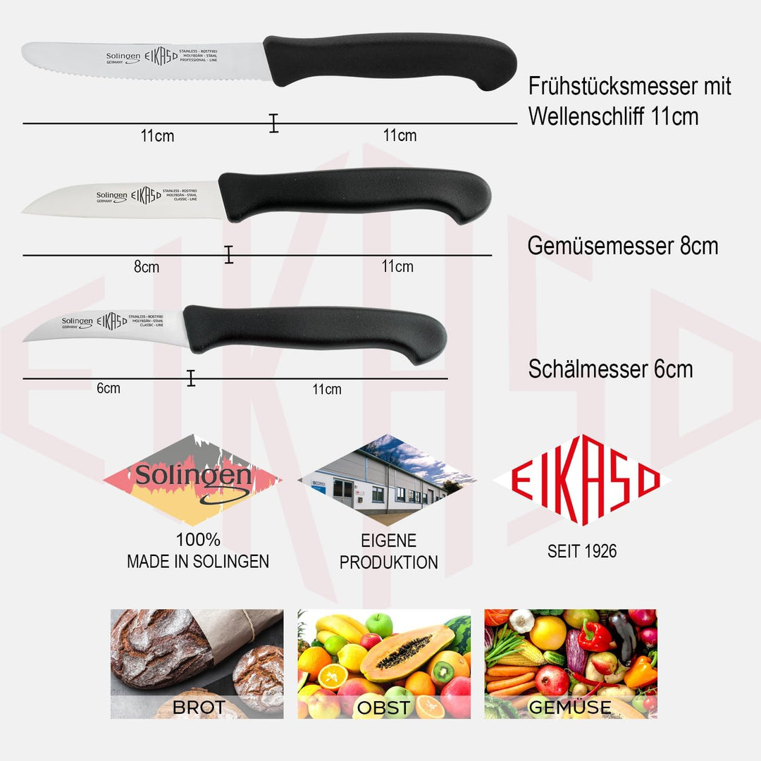 EIKASO Solingen 3 teiliges Gemüse Messer Set - für Obst Gemüse Brötchen - aus Molybdänstahl 1.4116