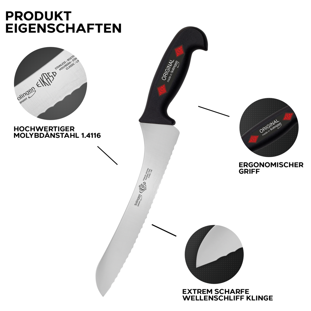 EIKASO Solingen Germany Brotmesser mit Wellenschliff 22cm - Profi Küchenmesser Allzweckmesser mit scharfer Klinge aus Edelstahl für weniger Kraftaufwand - Für Hobby und Profiköche