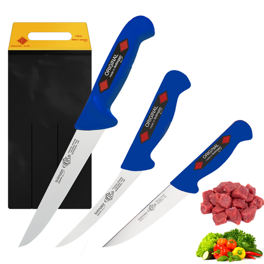 EIKASO Solingen Germany 3-Teiliges Profi Messer Set - scharfe Klingen handabgezogen für weniger Kraftaufwand beim Schneiden - Griffe ergonomisch geformt aus Polypropylen