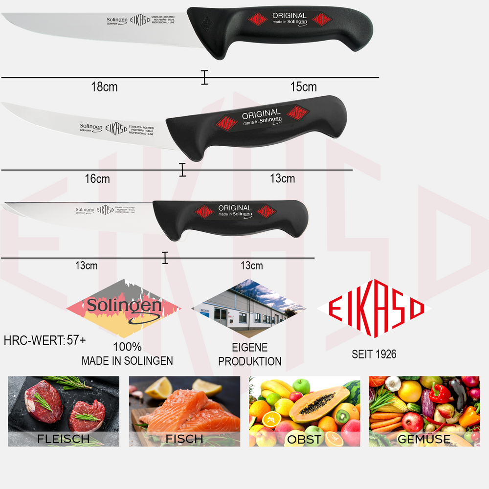 EIKASO Solingen 3 teiliges Profi Messer Set geeignet als Metzgermesser Fleischermesser Schlachtermesser Ausbeinmesser Kochmesser