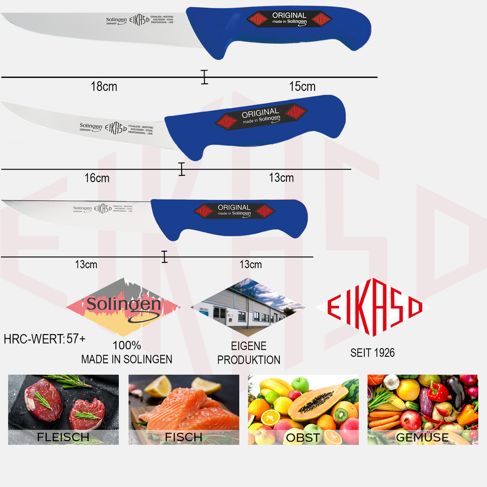 EIKASO Solingen Germany 3-Teiliges Profi Messer Set - scharfe Klingen handabgezogen für weniger Kraftaufwand beim Schneiden - Griffe ergonomisch geformt aus Polypropylen