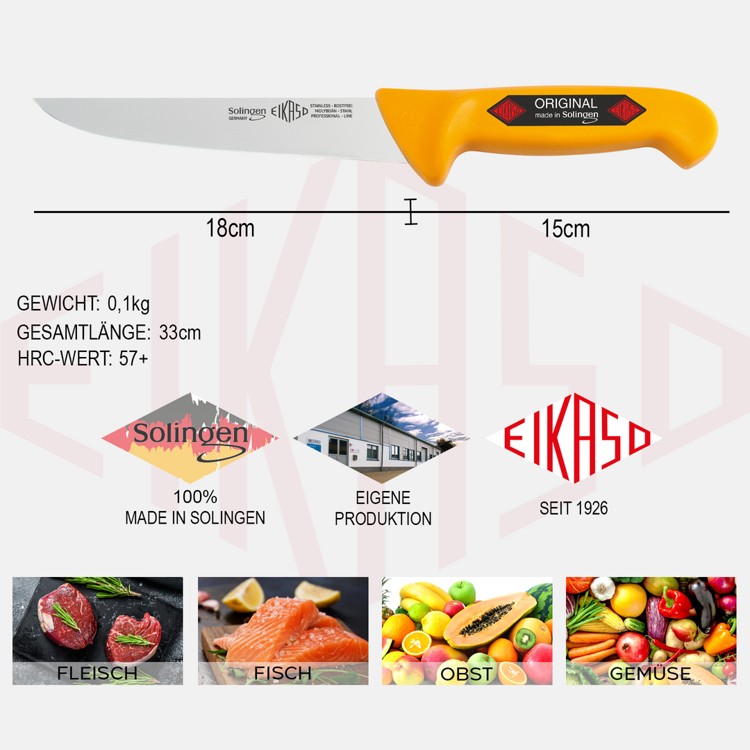 EIKASO Solingen Stechmesser 18cm Klinge aus Molybdänstahl 1.4116 rutschfester ergonomischer Griff Schlachtermesser Metzgermesser Butcher Knife