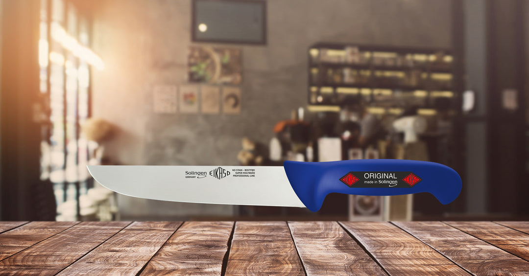 EIKASO Solingen Germany Fleischmesser Blockmesser blau 21cm Klinge Molybdänstahl 1.4116 aus Solingen Profi Allzweckmesser von Profis für Privat und Profis | Fleisch Gemüse Obst Kräuter