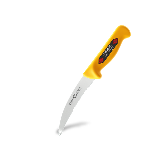 Nahaufnahme der massiv geschmiedeten Kugelspitze des Eikaso Gekrösemessers, die ein Abbrechen, wie es bei geschweißten Kugeln vorkommen kann, verhindert.