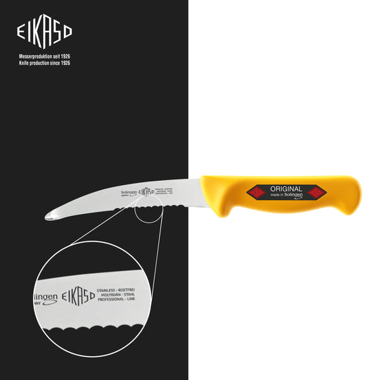 Eikaso Gekrösemesser, auch als Darmmesser bekannt, mit gelbem Kunststoffgriff. Die Klinge ist aus einem Stück geschmiedet und verfügt über eine Kugelspitze zum Schutz der Innereien.