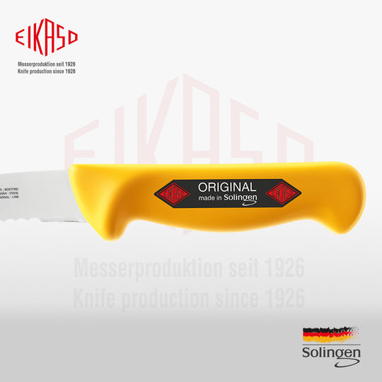 Ergonomischer und rutschfester gelber Kunststoffgriff des Eikaso  Gekrösemessers, der für eine sichere Handhabung bei der Arbeit sorgt.