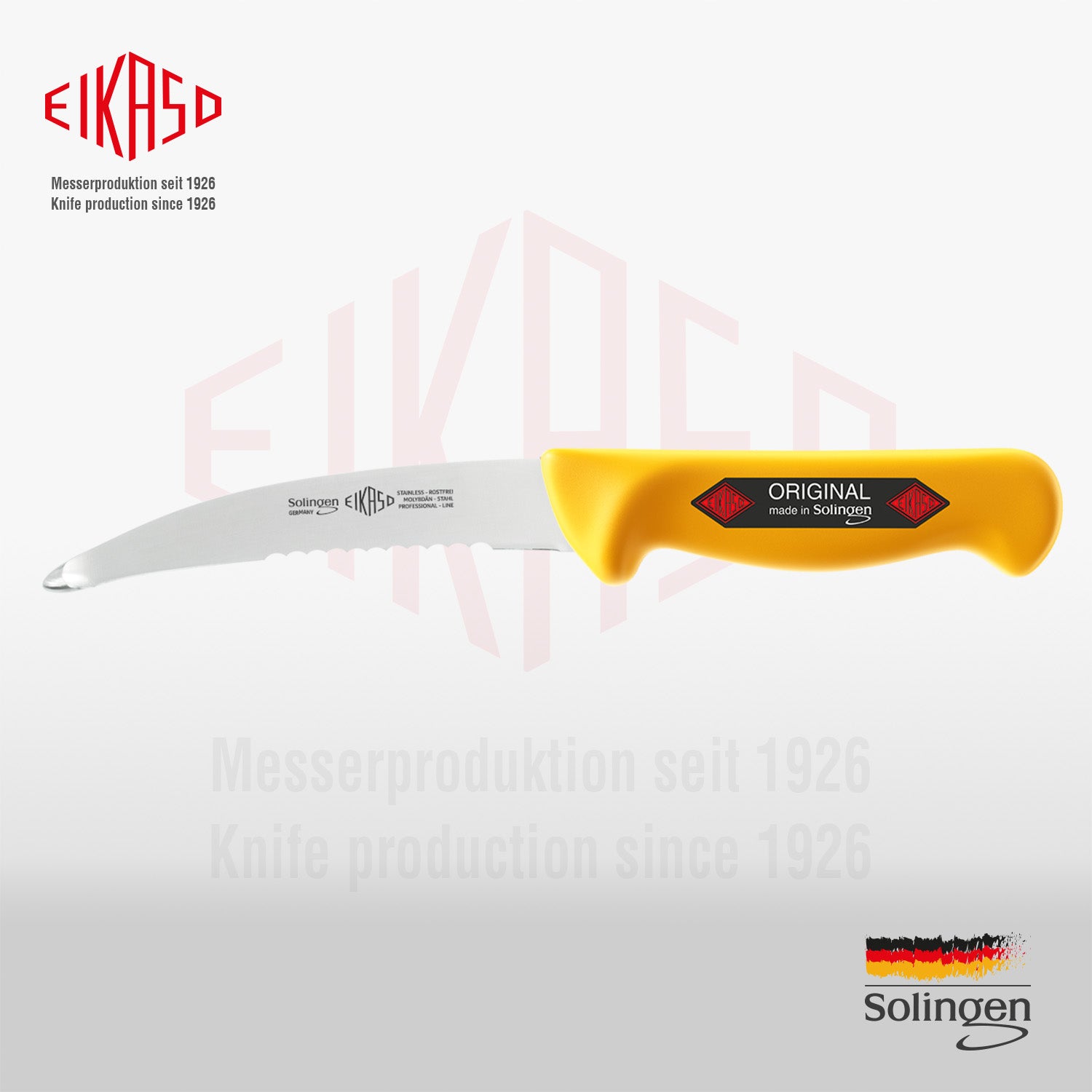 Eine Perspektivaufnahme des professionellen Eikaso Gekrösemessers, die die gebogene Klingenform und die spezielle Kugelspitze hervorhebt.