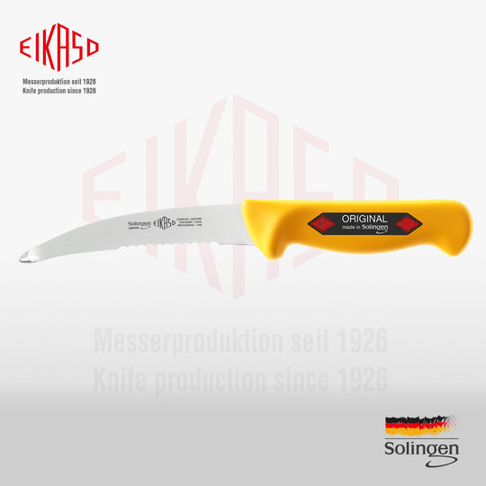 Eine Perspektivaufnahme des professionellen Eikaso Gekrösemessers, die die gebogene Klingenform und die spezielle Kugelspitze hervorhebt.